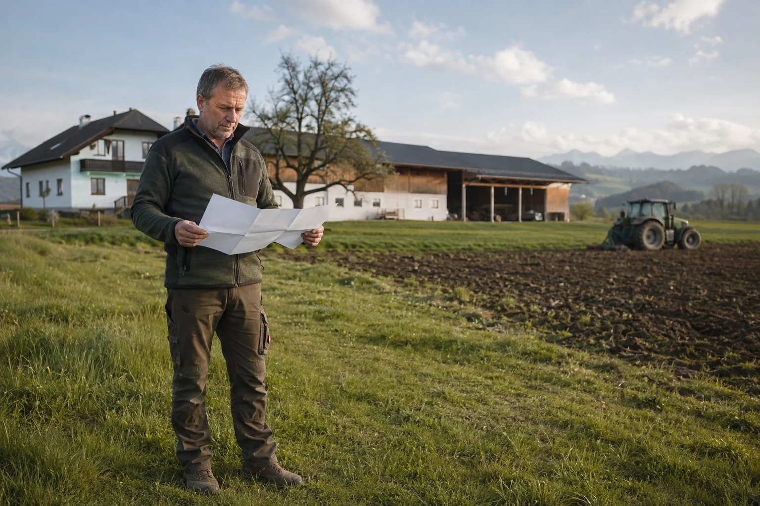 Landwirtschaftsmeister auf einem österreichischen Betrieb mit Feldern und Wirtschaftsgebäuden